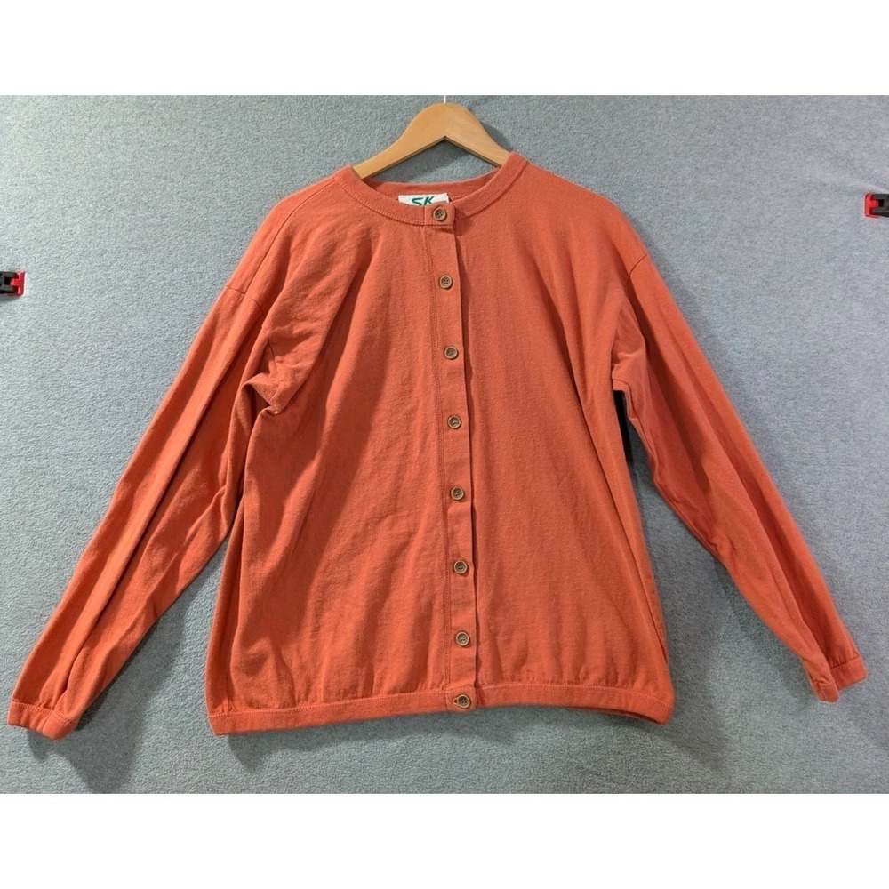 Vintage SK Sport USA Made Women's Cardigan Sweater Est Size XL Coral Cottagecore